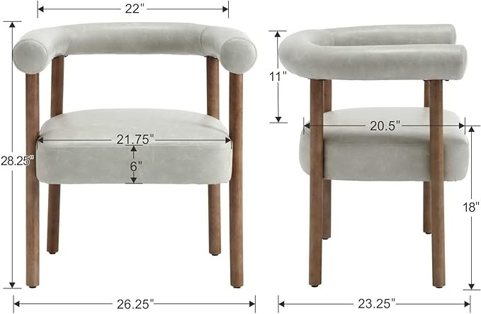 PU Leather Dining Chairs Set of 6, Modern Upholstered Dining Chair, Curved Backrest Kitchen Chairs Accent Chair Armchairs with Natural Wood Legs, Grey