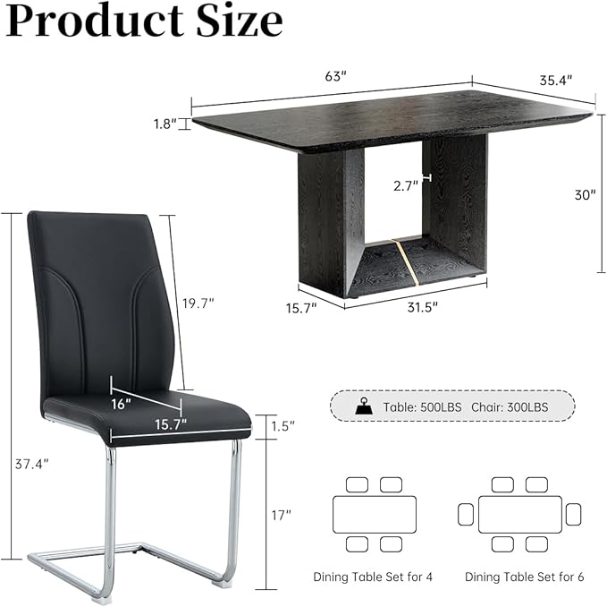 63" Modern Black Dining Table Set for 4 with Chairs, 5 Piece Rectangular Dining Room Table and 4 PU Leather Chairs, Kitchen Dining Set with Matte Wood Finish, Geometric Base, Easy Assembly