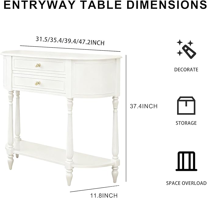 White Entryway Table Narrow, Half Moon Console Table with Two Drawers, Solid Wood Mid Century Modern Console Table with Adjustable Legs for Living Room, Foyer, or Hallway
