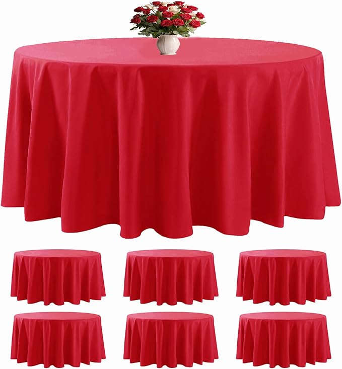 6 Pack Red Round Tablecloths 120 Inches Table Cloth Stain and Wrinkle Resistant Washable Polyester Table Cover Fabric for Party, Wedding,Dining,and Banquet Decoration