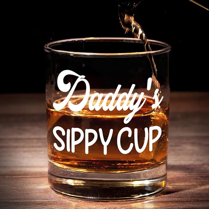 DOPTIKA Christmas Birthday Gifts For Dad, Husband Gift From Wife, 11 Oz Old Fashioned Glass For Men, Funny Gag Gifts For Men, Daddy's Sippy Cup Whiskey Glass, New Dad Gift
