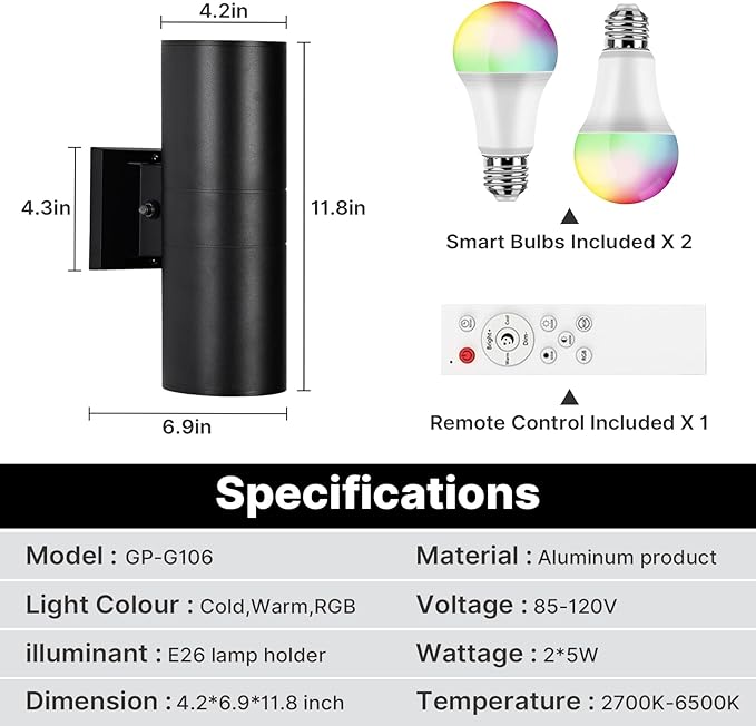 RGBCW Outdoor Wall Light 1 Pack, Smart Porch Light Dusk to Dawn Lighting with Remote Control, WiFi Outdoor Wall Sconce, Compatible with Alexa, Exterior Lights for House Porch Garage
