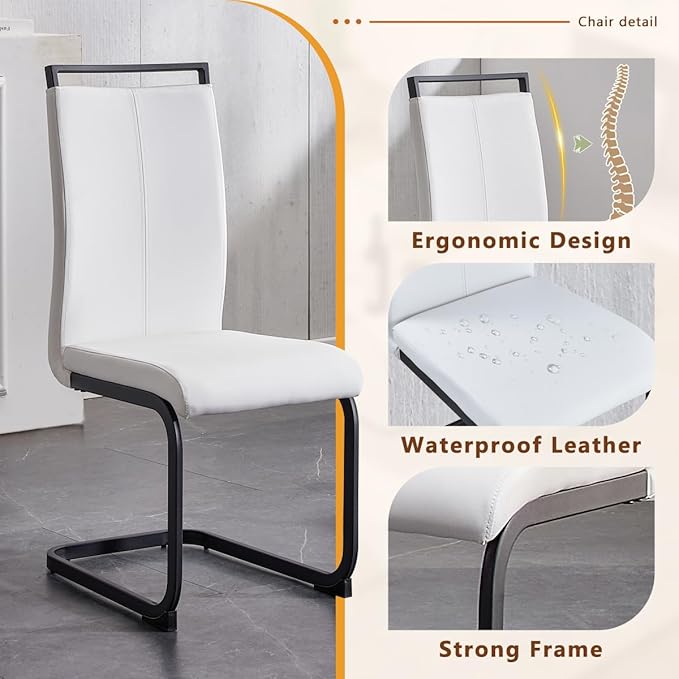 63'' Glass Dining Table Set for 4, Kitchen Table Chairs Set of 4, Clear Glass Dining Table with Black unique design Leg and Silver Metal Base, 4 PU Dining Chairs with Metal Legs, Living Room, Kitchen.
