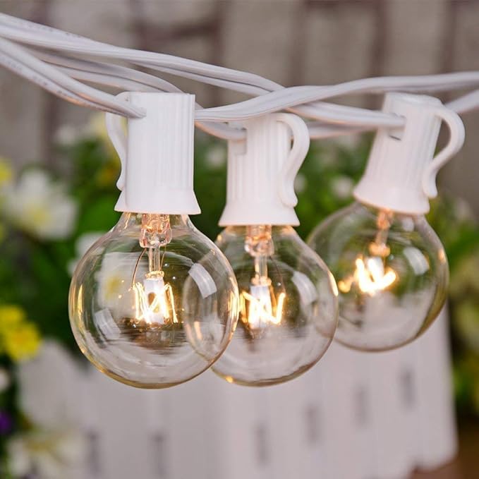 25FT Outdoor White String Lights with 27 Clear Bulbs, G40 Globe Patio String Lights for Indoor/Outdoor, Connectable Hanging Lights for Backyard Porch Balcony Party Decor - White Wire
