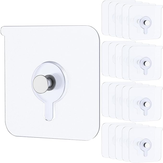 Uniclife 20 Pcs Adhesive Picture Hooks 20 lbs Max 2.2” Load Heavy Duty Picture Hangers Without Nails Wall Hooks for Hanging Transparent Waterproof Frame Hangers Sticky Hooks for Bathroom Kitchen