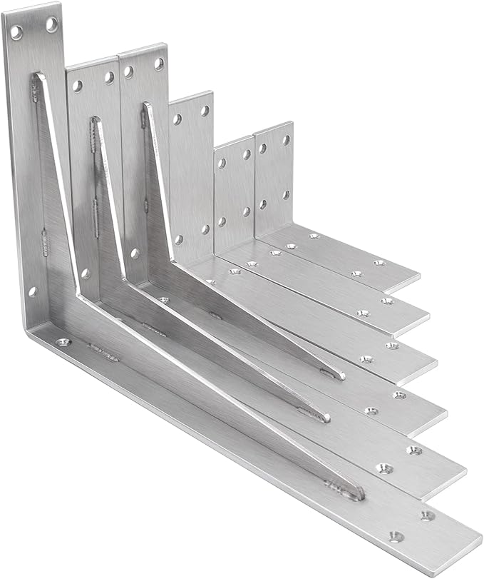YUMORE Shelf Bracket 8 inch, Heavy Duty (1/5") Thick Solid L Brackets, Max Load: 230lbs, Stainless Steel Countertop Bar Top Support Brackets Wall Mounted, Includes Hardware, 2 Pack