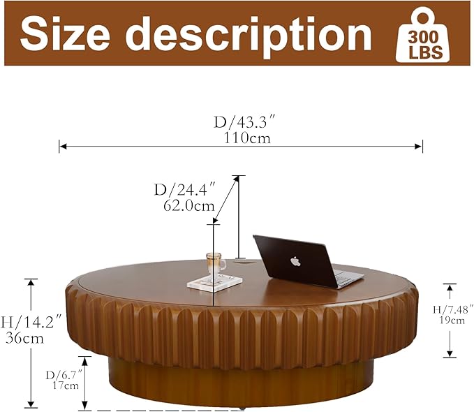 43.3" Oval Drum Coffee Table with Storage Modern Unique Fluted Tea Table Contemporary Wood Oval Coffee Table Centr Table for Living Room Apartment (brown-43.3in)