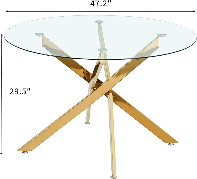 47.24" Round Glass Dining Table Modern Kitchen Glass Top Table for 6 with Gold Chrome Metal Legs, Clear Dining Table Kitchen Table for Home Office Dining Room