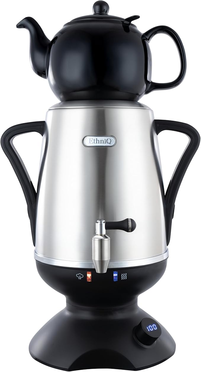 ETHNIQ - Electric Samovar | 4L Stainless Steel Tea Maker | Adjustable Temperature Controller | Boil Dry & Auto Shot-off | 1.2L Porcelain Teapot | Turkish, Persian, Russian Tea Kettle (Black)