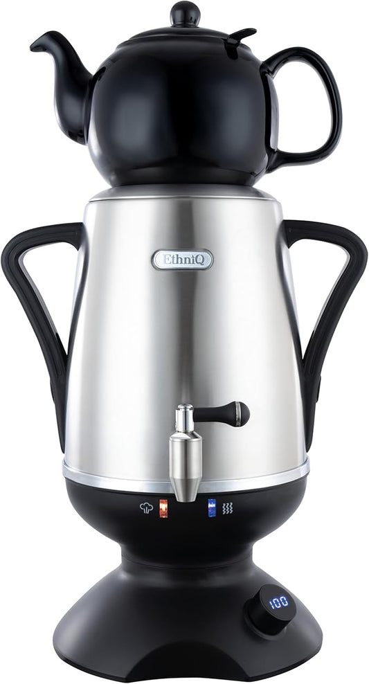 ETHNIQ - Electric Samovar | 4L Stainless Steel Tea Maker | Adjustable Temperature Controller | Boil Dry & Auto Shot-off | 1.2L Porcelain Teapot | Turkish, Persian, Russian Tea Kettle (Black)