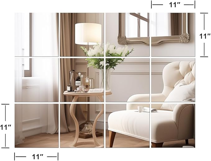 Vlush Home Gym Mirror Tiles 11'' x 11'' x 12PCS Adhesive Full Body & Full Length Mirror Wall Mounted Mirrors Decorative for Home Gym, Door, Bedroom & Bathroom