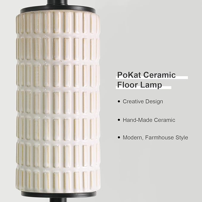 PoKat Ceramic Floor Lamps for Living Room, 64" Modern Standing Lamps for Bedroom, Farmhouse Tall Floor Lamps for Living Room Dinning Reading Home Office, Nursery, Rotary Switch, Matte Black
