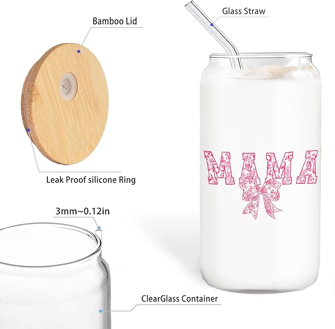 Pink Bow Mama Glass Cup with Lids and Straws 14oz, Best Mother's Day Birthday Gifts for Mama Mom Gifts from Daughters Sons Glass Iced Coffee Tumbler Drinking Jars with Cleaning Brush