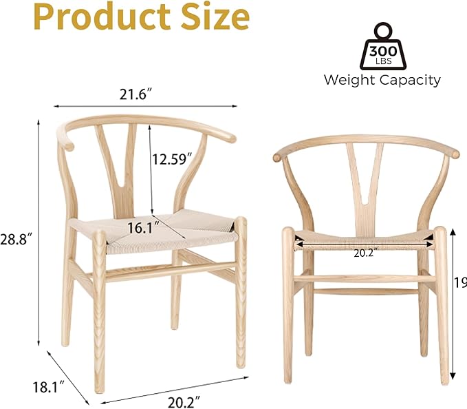 Wishbone Chair Natural Solid Wood Dining Chair/Hans Vegner Y Chair Rattan and Wood Accent Armrest Chairs (Ash Wood + Natural Color)