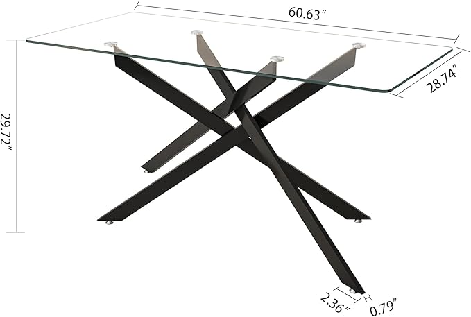 60" Rectangular Glass Dining Room Table for 6 with Tempered Glass Top and Black Metal Legs, Modern Clear Kitchen and Dinner Table for Home Office Dining Room