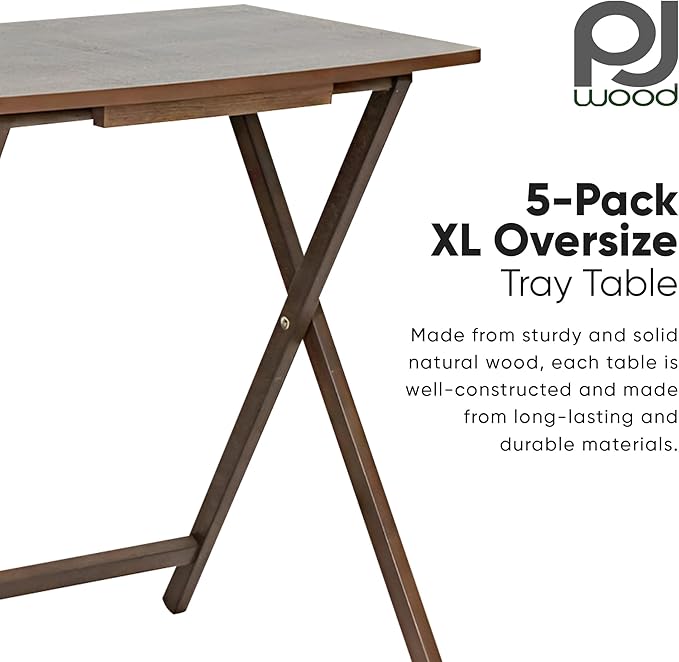 PJ Wood 5 Pack XL Oversize Tray Table for Living Room or Kitchen, Indoor TV Tray for Small Spaces and Family Gatherings, Rustic Espresso
