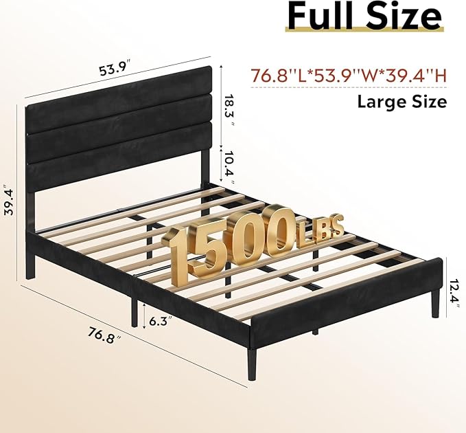 WLIVE Full Size Upholstered Bed Frame, Velvet Square Tufted Headboard,Sturdy Metal & Wooden Slats Support, No Box Spring Needed, Black
