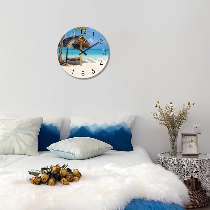 XFM Beach Wall Clock 14 Inch Blue Glass Wall Clocks Battery Operated Silent Non Ticking Hawaii Summer Tropical Coastal Clock for Bedroom Living Room Office