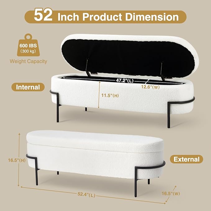 Sherpa Storage Ottoman Bench for Bedroom, White End of Bed Bench with Storage, Upholstered Boucle Storage Bench with Metal Stand and Hinges, Oval Ottoman for Living Room, 52 Inch