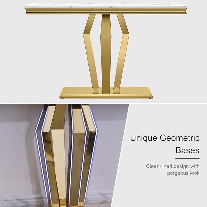 4-Piece Coffee Table Set, White and Gold Living Room Tables with 4 Geometric Bases, 1 Coffee Table + 2 End Table + 1 Console Table for Home Office