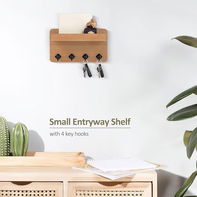 Nekon Key Holder Wall Mount, 8.5 Inch Small Home Decor Wooden Wall Organizer with 4 Hooks and Shelf, Key and Mail Holder for Living Room Entryway Kitchen (Wood)