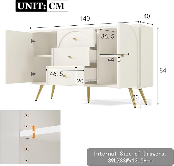 KEIKI 55'' Modern 2-Doors Buffet Sideboard Storage Cabinet with 3 Drawers & Metal Legs, Wood Entryway Console Table for Living Room, Hallway, Dining Room, White