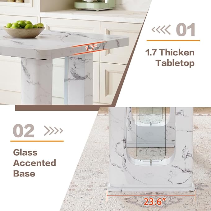 64.5" White Dining Table Set for 4, Modern Kitchen Table and Chairs Set with PU Leather Cushioned Chairs & Decorative Pedestal Base, 5 Piece Marble Pattern Dining Table Set for Dining Room or Kitchen