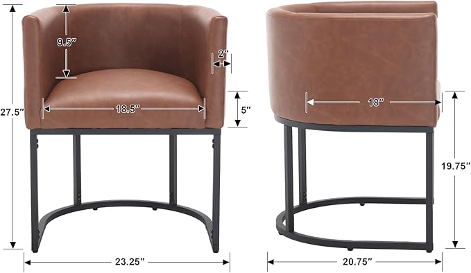 Faux Leather Dining Chairs Set of 2 Modern Barrel Arm Chairs with Black Metal Frame, Upholstered Kitchen Chairs 18.5" Wide Accent Chairs for Living Room Dining Room Restaurant, Brown