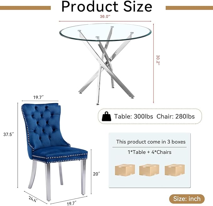 Goujxcy 5 Piece Round Glass Dining Table Set for 4, 36" Round Dining Table & Chair Set Modern Circle Glass Kitchen Table and 4 Velvet Upholstered Chairs for Kitchen Dining (Silver Table & Blue Chair)