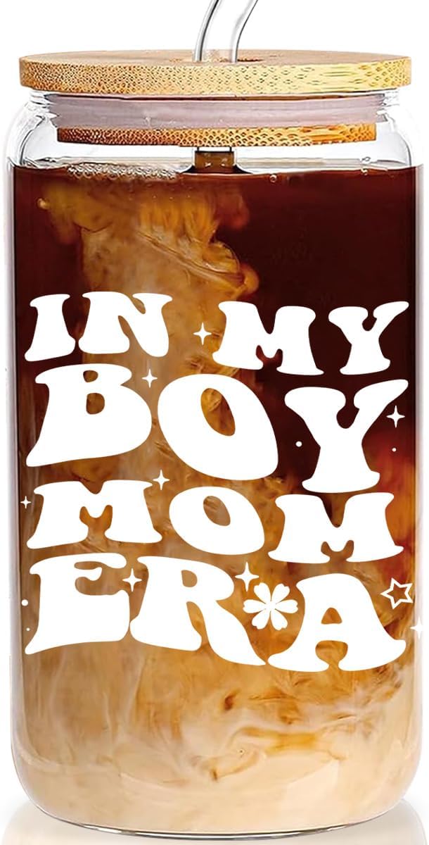 In My Boy Mom Era Cup - 16oz Glass Cup with Lid and Straw, Gift for Moms, Pregnant Moms, Drinking Cup for Christmas and Mother's Day