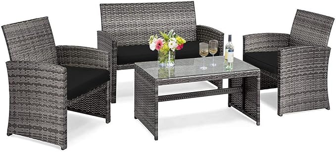 Tangkula 4 PCS Wicker Patio Conversation Set, Outdoor Rattan Sofas with Table Set, Patio Furniture Set with Soft Cushions & Tempered Glass Coffee Table for Poolside Balcony
