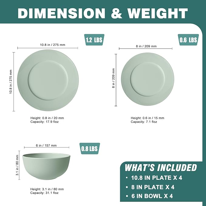 Yoshy Bone China Dinnerware with Lightweight Durable Chip Resistant Design Service for 4 (12 Piece - Service for 4, Willowmist)
