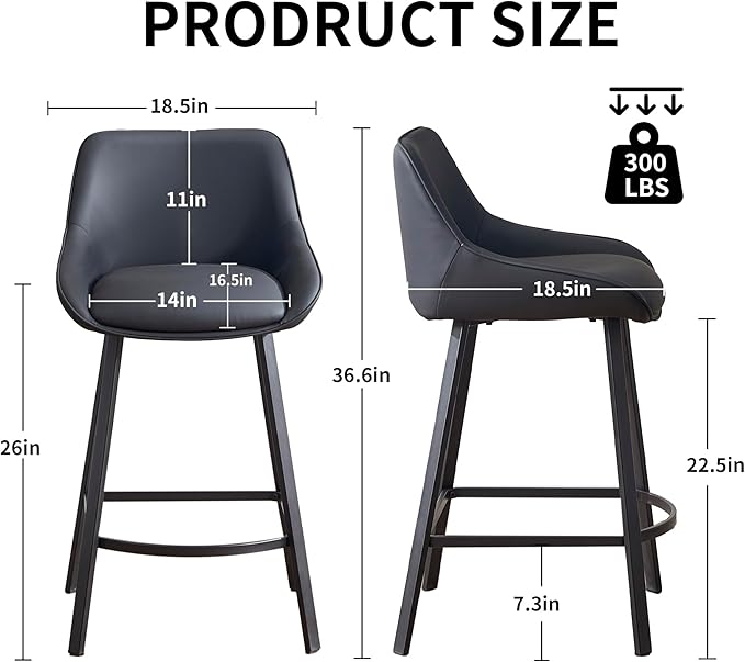 26" Modern Bar Stools Set of 2, Faux Leather Upholstered Bar Stools, Counter Height Bar Chairs with Back for Kitchen, Dining Room, Cafe, Bar - Black