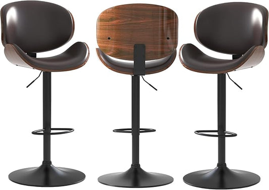 Adjustable Swivel Bar Stools Set of 3, Modern Bentwood Barstool with Large Metal Base and Footrest, PU Leather Upholstered Bar Chair with Curved Back for Kitchen Island Dining Room, Brown