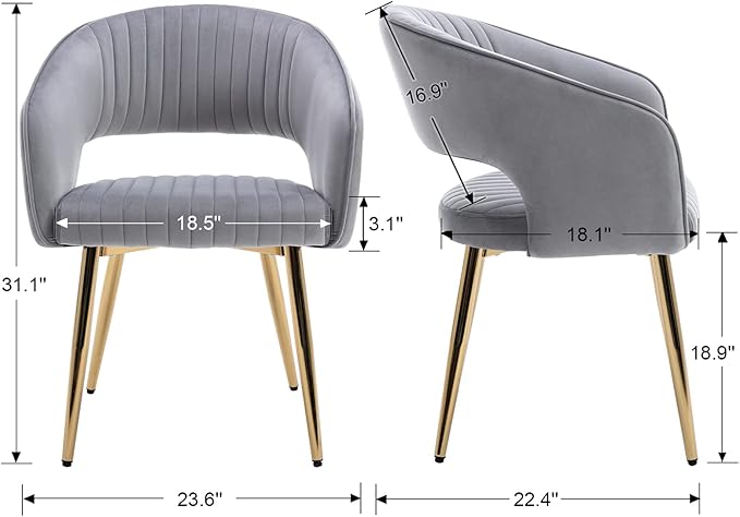 Modern Velvet Dining Chairs Set of 2, Upholstered Gold Dining Room Chairs with Hollow Back and Gold Legs, Accent Armrest Kitchen Chairs for Living Room Reception Grey