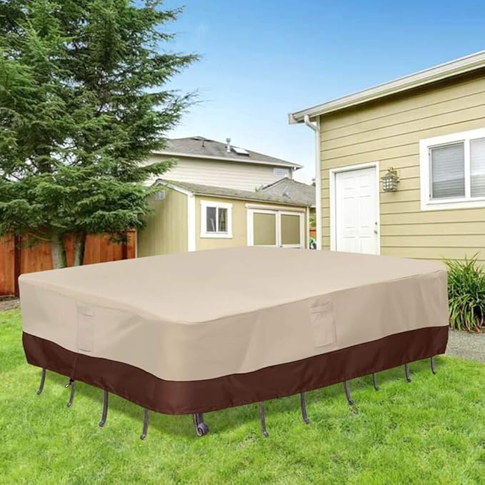 Vailge Waterproof Patio Furniture Set Cover with Padded Handles, Patio/Outdoor Table Cover, Patio/Outdoor Dining Rectangular Table Chairs Cover(Large,Beige & Brown)