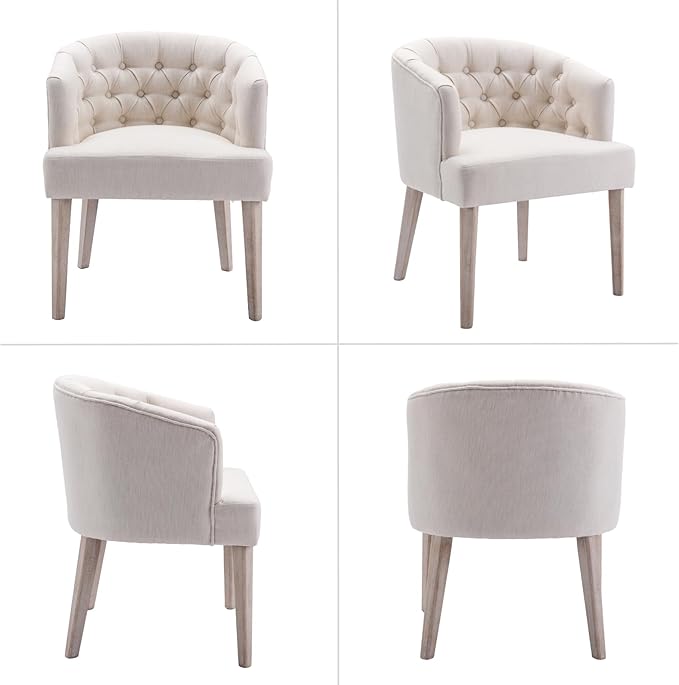 HEAH-YO Modern Dining Chairs Set of 4, Tufted Dining Room Chairs with Barrel Backrests, Upholstered Linen Kitchen Chair for Dining Room, White