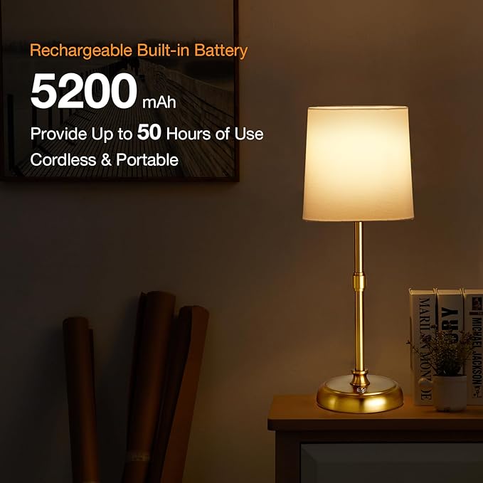 Cordless Gold LED Table lamp, 5200-mAh Rechargeable Battery, 3-Level Brightness, Build-in Integrated LED 320 Lm Max, Night Lamp Ambient Light, for Bedside Restaurant Dining Table
