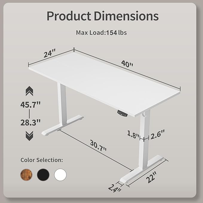 Agilestic Electric Standing Desk 40 x 24 Inches, Height Adjustable Desk, Sit Stand up for Work Office Home, Ergonomic Rising Computer Table with Memory Preset, White