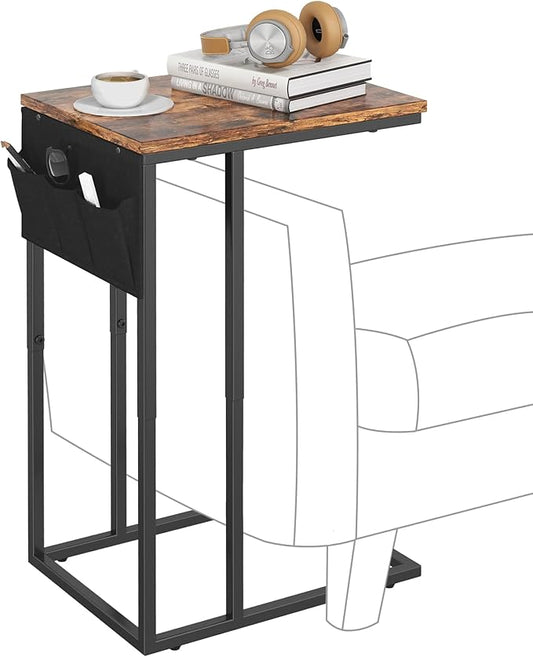 Livofloral C Shaped End Table for Couch, Small Side Table for Sofa With Storage Bag, TV Tray for Living Room, Bedside Table for Bedroom, Snack End Table, Brown