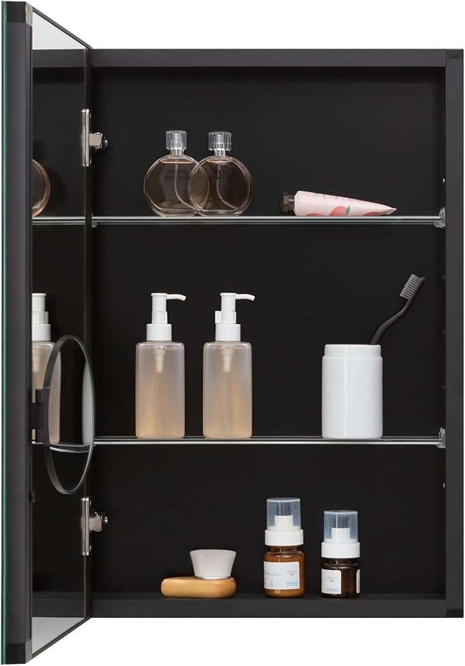 14 x 24 Inch Bathroom Mirror Cabinet, Medicine cabinets for Bathroom，3 Adjustable Shelves, Soft Close Hinges, 3X Movable Magnifier, Black Medicine Cabinet