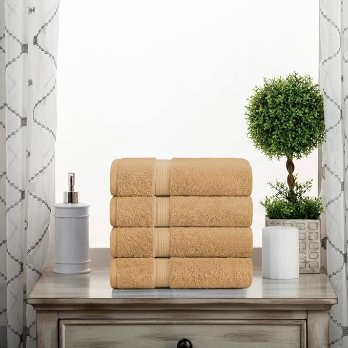 Superior Egyptian Cotton Pile Hand Towel Set of 4, Ultra Soft Luxury Towels, Thick Plush Essentials, Absorbent Heavyweight, Guest Bath, Hotel, Spa, Home Bathroom, Shower Basics, Toast