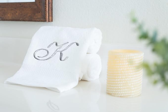 White Monogrammed Hand Towels for Bathroom - Luxury Hotel Quality Personalized Initial Embroidered Towel for Powder Room, Spa - GOTS Organic Certified - Set of 2 Silver Letter K