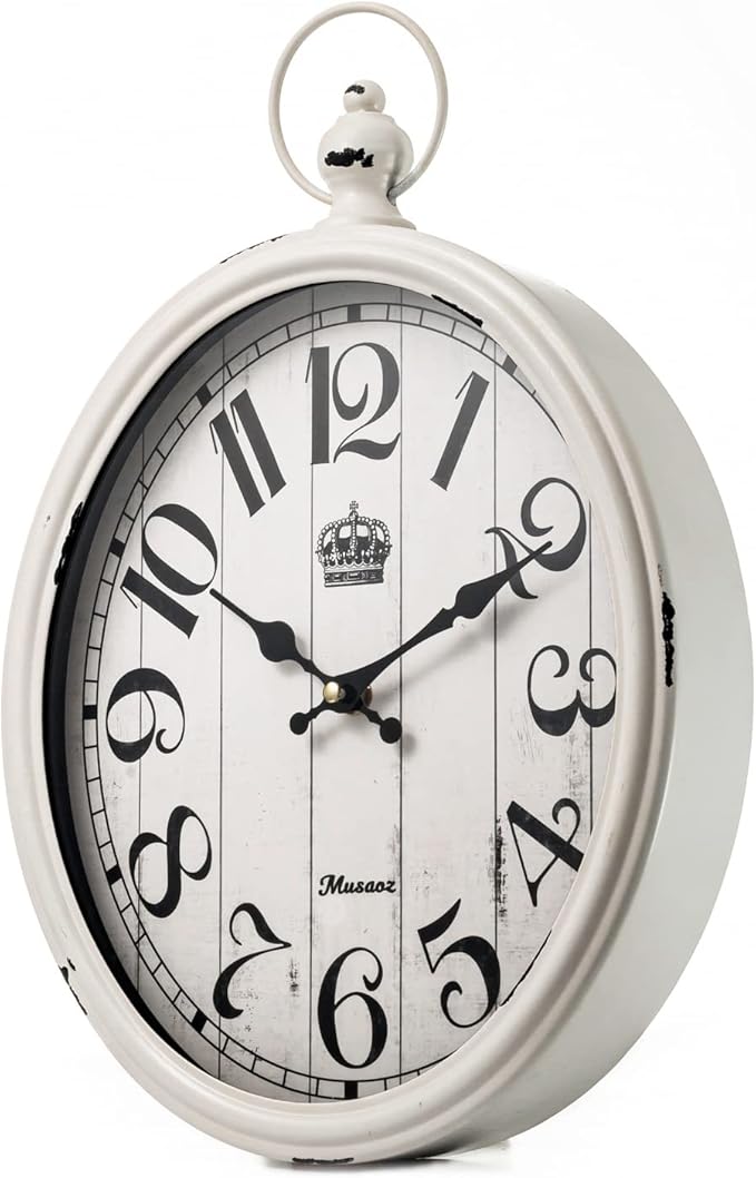 Oval Wall Clock Metal 16 inch Large Battery Operated Retro Wall Clock Old-Fashioned Antique Design Rustic Vintage Style Decor Wall Clock for Living Room Kitchen Farmhouse White