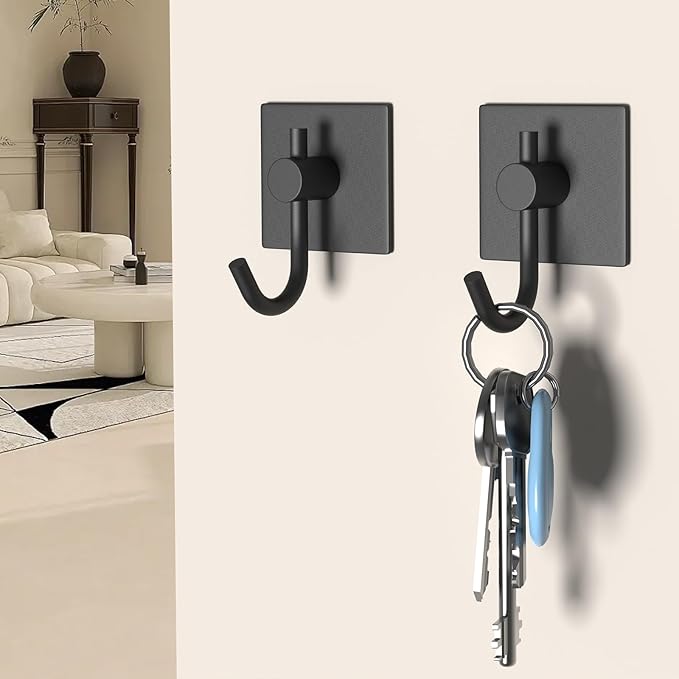 VAEHOLD 4 Pack Wall Hooks, Heavy Duty Sticky Holder Waterproof Aluminum Towel Hooks for Hanging Coat, Hat, Key, Clothes, Closet Hook Wall Mount for Kitchen, Bathroom, Office（Black）