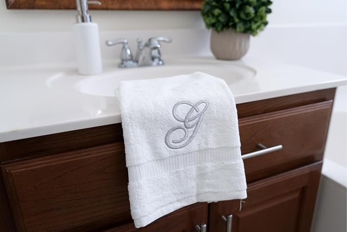 White Monogrammed Hand Towels for Bathroom - Luxury Hotel Quality Personalized Initial Embroidered Towel for Powder Room, Spa - GOTS Organic Certified - Set of 2 Silver Letter G