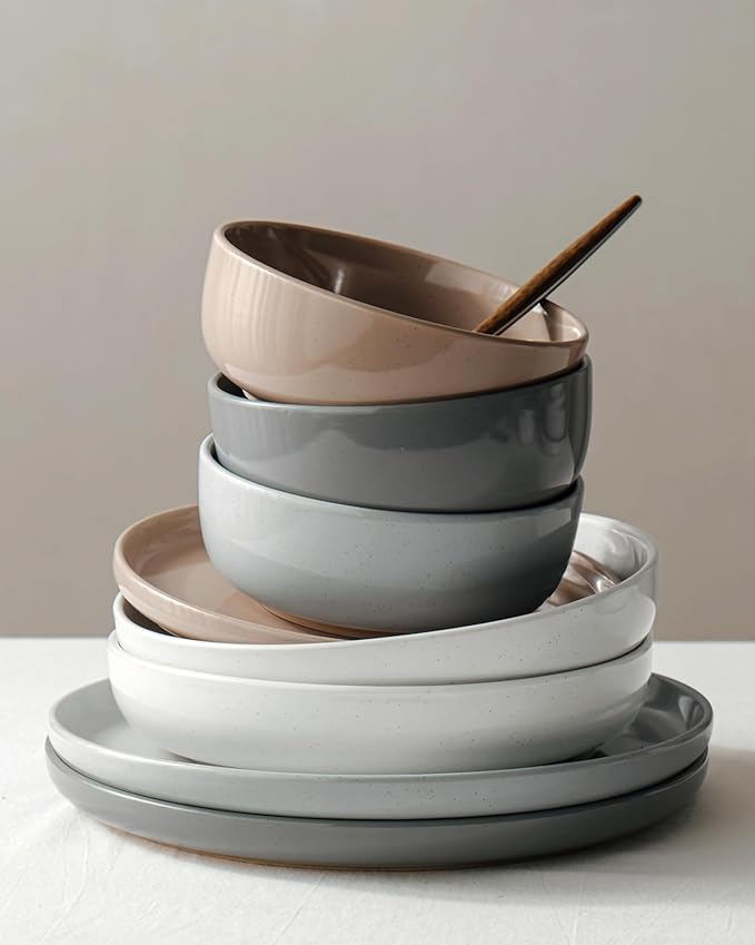 Famiware Milkyway Stoneware Dinnerware Sets with Mugs, Service for 4 (16pcs), Plates and Bowls Sets, Scratch Resistant, Microwave and Dishwasher Safe Dishes Set, Multi-color