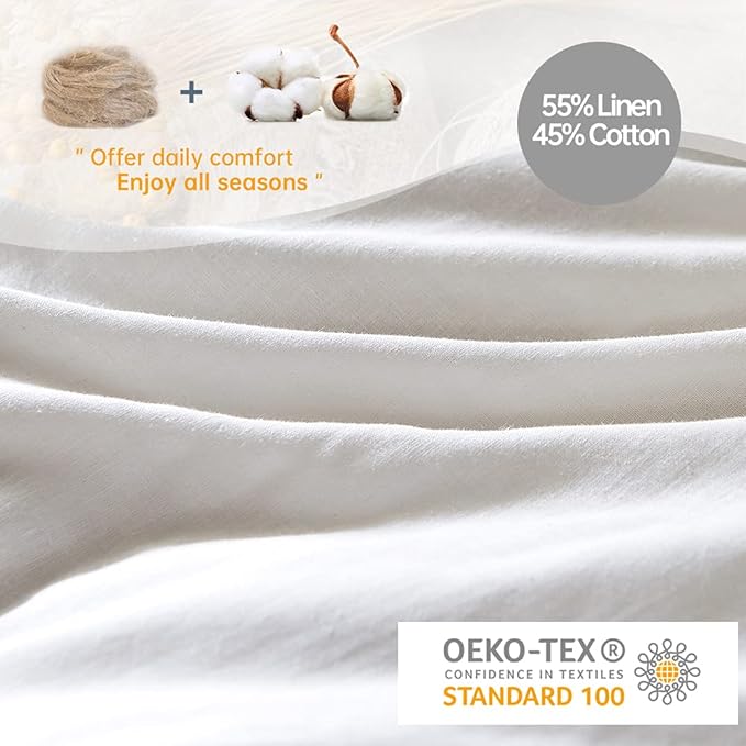 Simple&Opulence French Linen Duvet Cover Set 68" x 86"- 2 Pieces (1 Comforter Cover,1 Pillowcase)- Natural Flax Cotton Blend-Solid Color Breathable Farmhouse Bedding-Off White, Twin