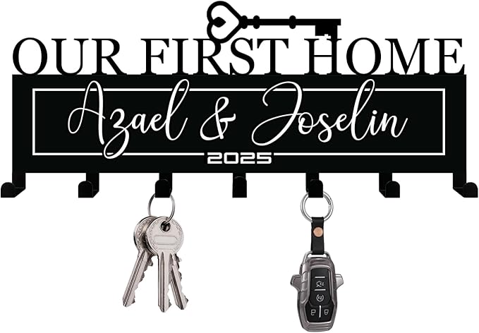 Personalized Metal Key Holder for Wall – Custom Our Frist Home Key Rack with Couples Name for Entryway, Front Door, Kitchen, Bathroom - Housewarming Gift