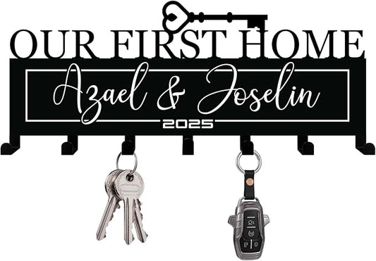 Personalized Metal Key Holder for Wall – Custom Our Frist Home Key Rack with Couples Name for Entryway, Front Door, Kitchen, Bathroom - Housewarming Gift